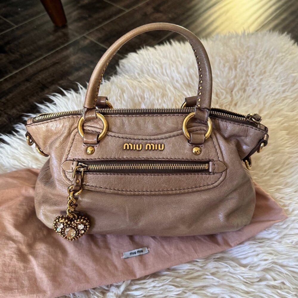 Vintage Miu Miu Distressed Leather Handbag with Swarovski Crystal Charm - Rare R